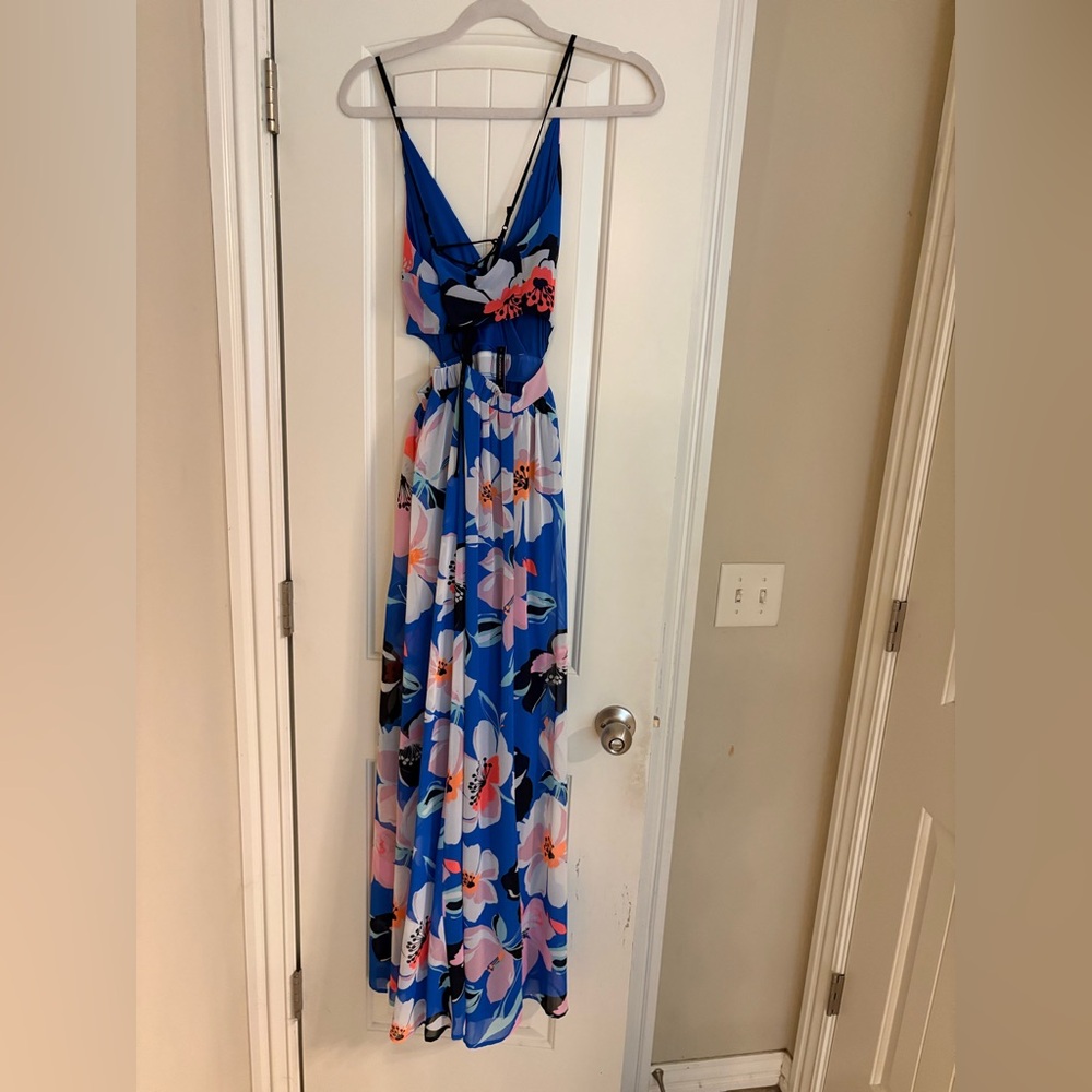 NWT Size small Express Blue Floral Maxi Dress with Pink and Black Accents - Picture 4 of 8